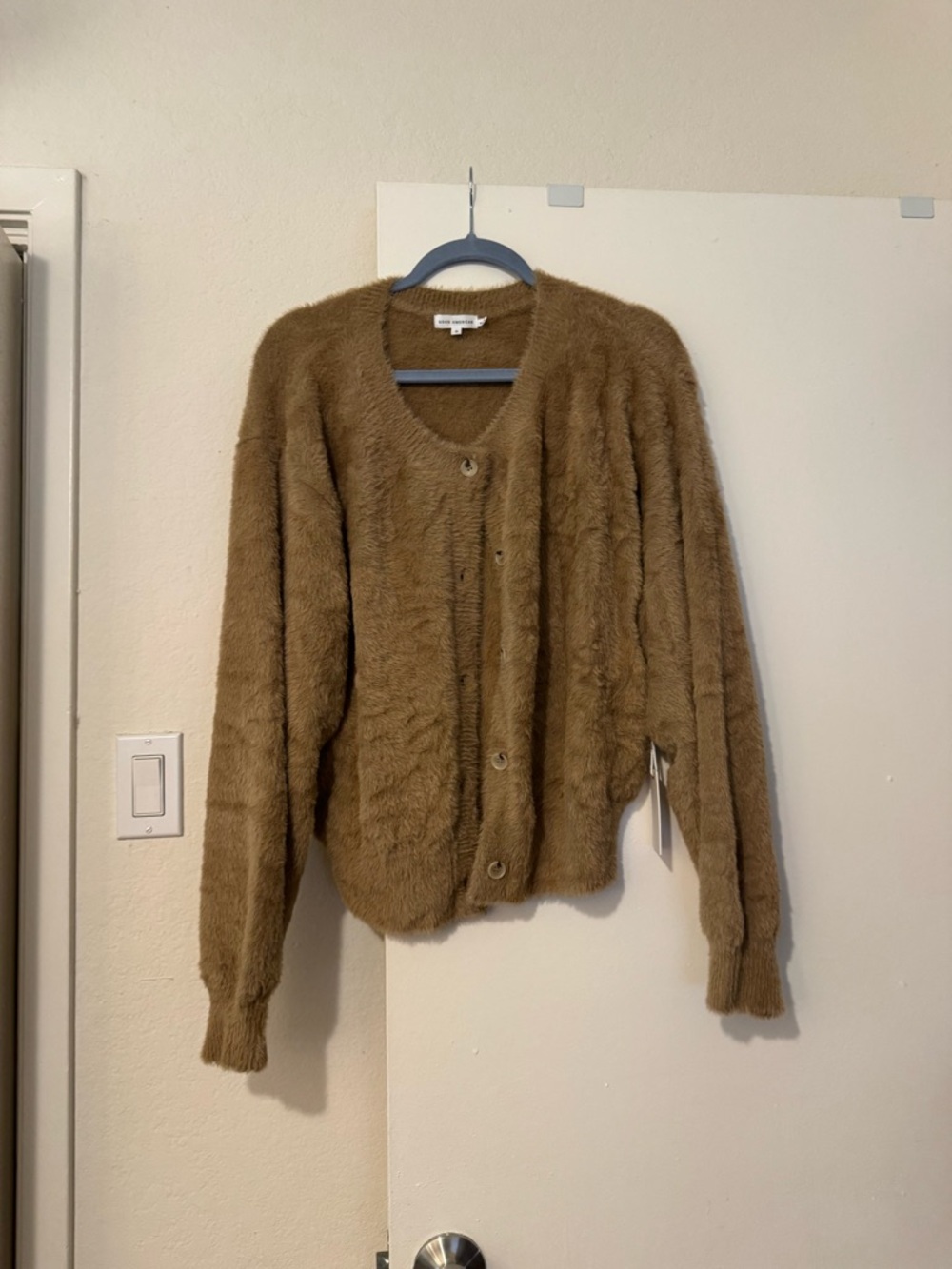 Good American Plush Button-Front Cardigan in Camel Brown